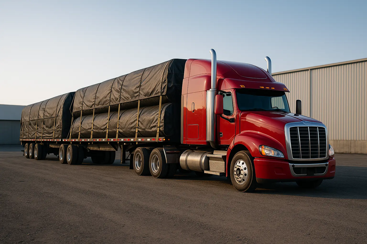 Flatbed hauling steel with tarps